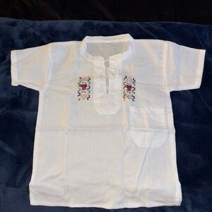Boys White Embroidered Shirt Sz 6, Ecuadorian Ethnic Short Sleeve Handmade